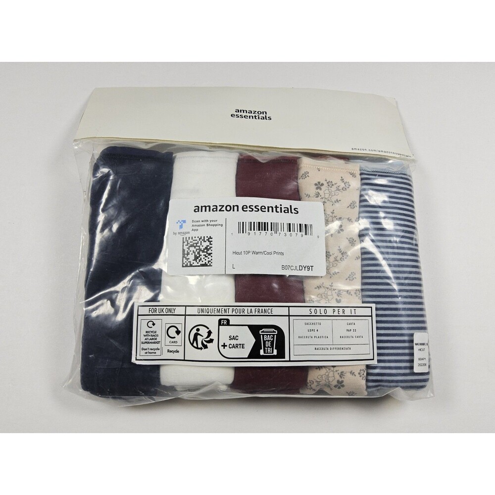 Amazon Essentials Hi-Cut Women's 10 Pair Cotton Multicolor Underwear Size L